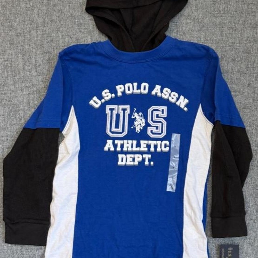 NWT U.S. Polo Assn. Boys Size 7 Long Sleeve Hooded T-Shirt Blue Black